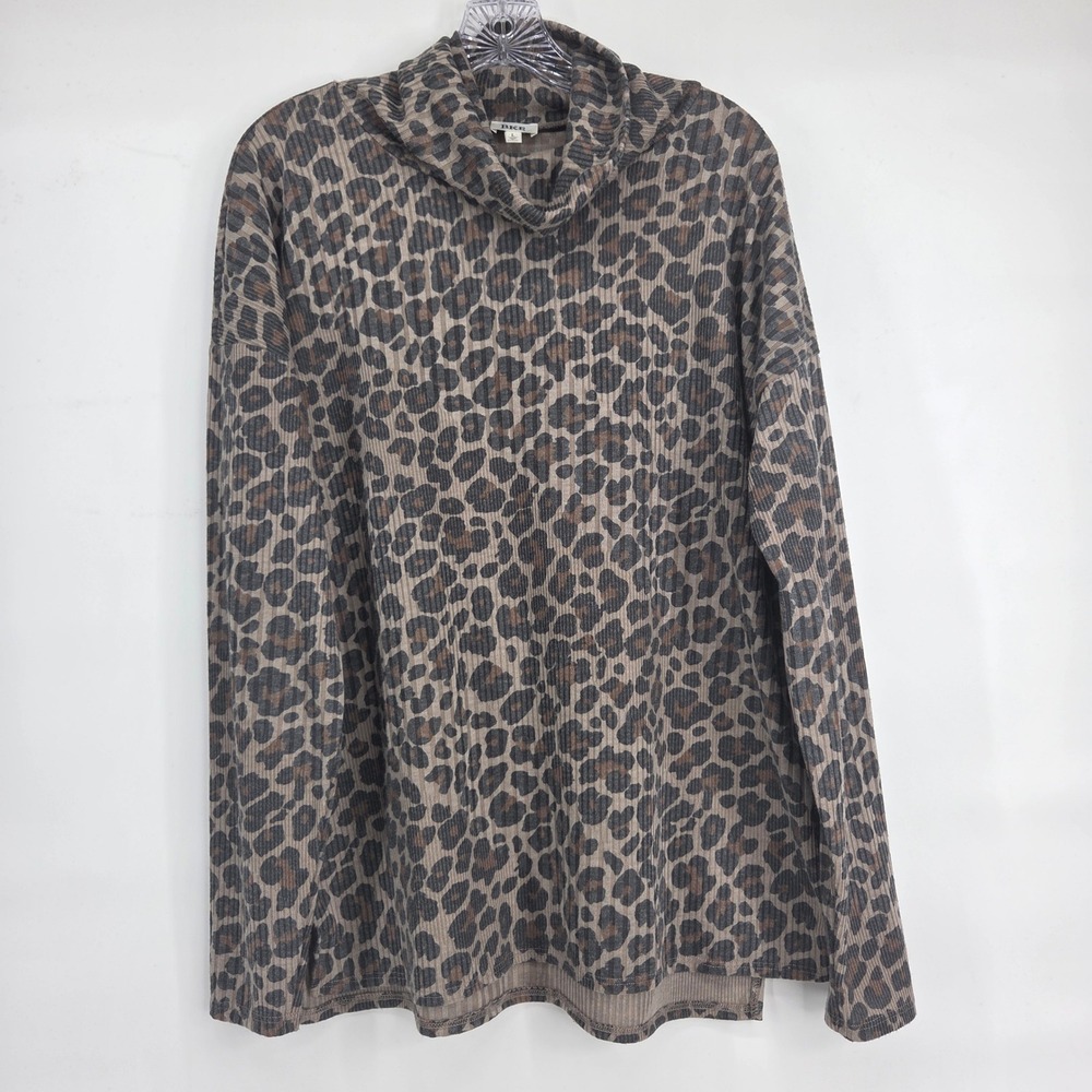 BKE Cowl Neck Top Large Brown Leopard Ribbed Knit Side Slit Mob Wife Indie Sleaz